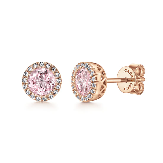 Gabriel - 14K Rose Gold Diamond and Pink Created Cubic Zirconia Halo Stud Earrings