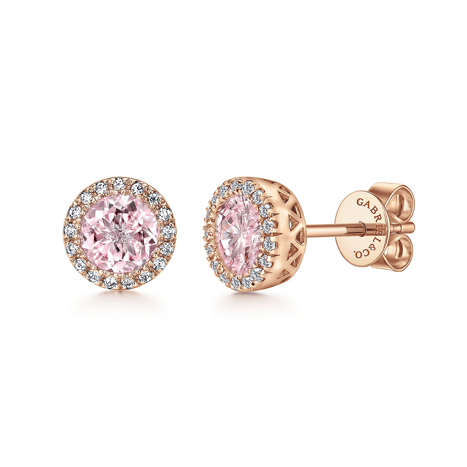 14K Rose Gold Diamond and Pink Created Zircon Halo Stud Earrings