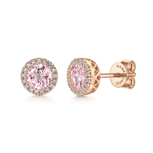 14K Rose Gold Diamond and Pink Created Zircon Halo Stud Earrings