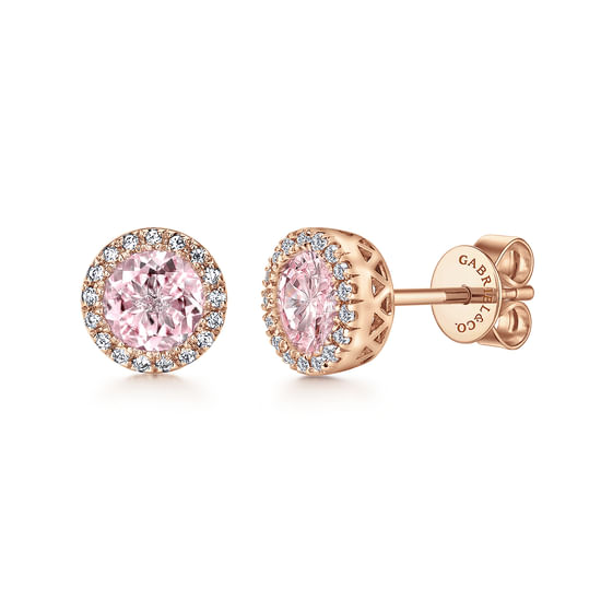 Gabriel - 14K Rose Gold Diamond and Pink Created Zircon Halo Stud Earrings