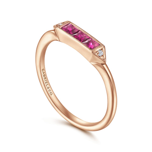 14K Rose Gold Diamond and Trio Princess Cut Ruby Stackable Promise Ring