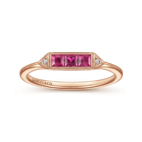 14K Rose Gold Diamond and Trio Princess Cut Ruby Stackable Promise Ring