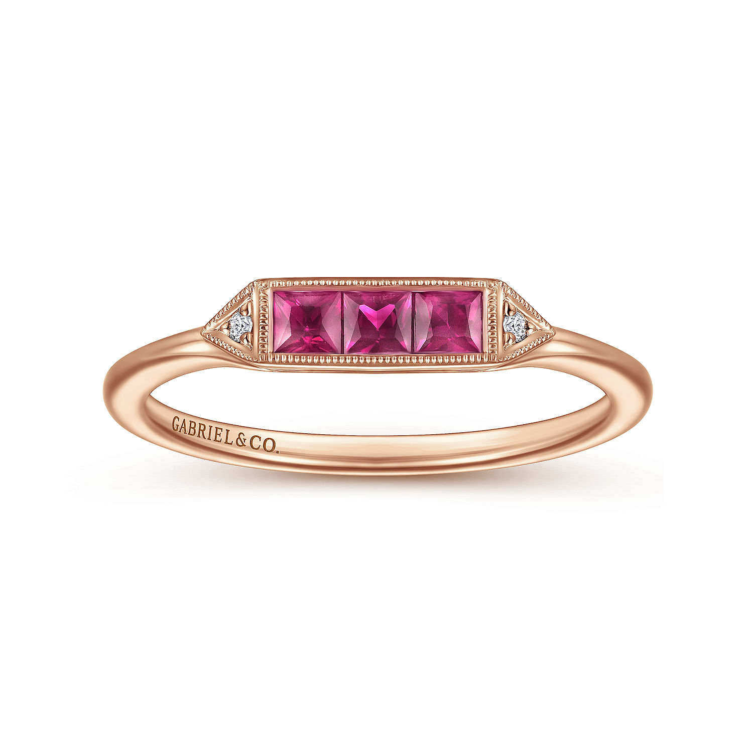 14K Rose Gold Diamond and Trio Princess Cut Ruby Stackable Ring