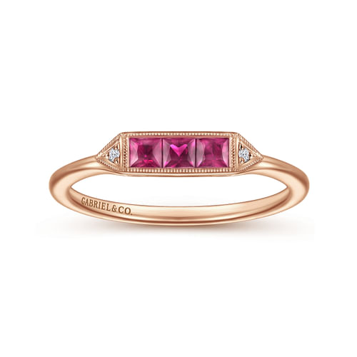 14K Rose Gold Diamond and Trio Princess Cut Ruby Stackable Ring