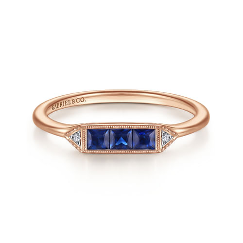 14K Rose Gold Diamond and Trio Princess Cut Sapphire Ladies Ring