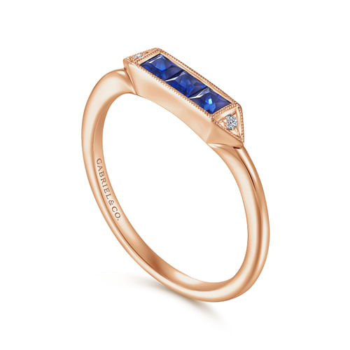 14K Rose Gold Diamond and Trio Princess Cut Sapphire Ladies Ring