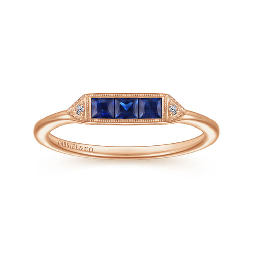 14K Rose Gold Diamond and Trio Princess Cut Sapphire Ladies Ring