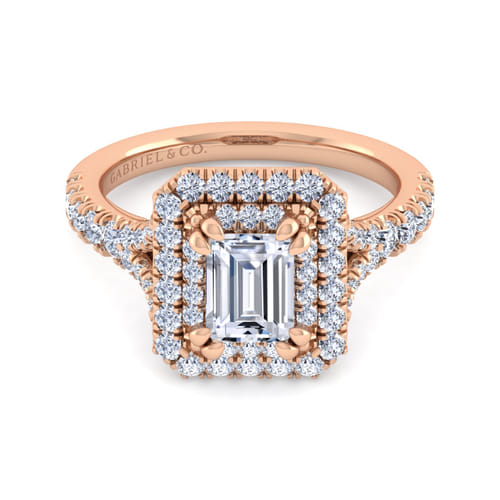 14K Rose Gold Double Halo Emerald Cut Diamond Engagement Ring