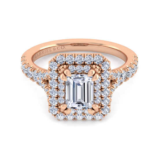 Gabriel - 14K Rose Gold Double Halo Emerald Cut Diamond Engagement Ring