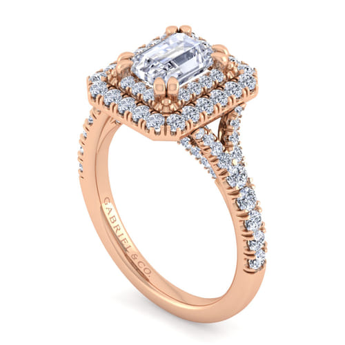 14K Rose Gold Double Halo Emerald Cut Diamond Engagement Ring