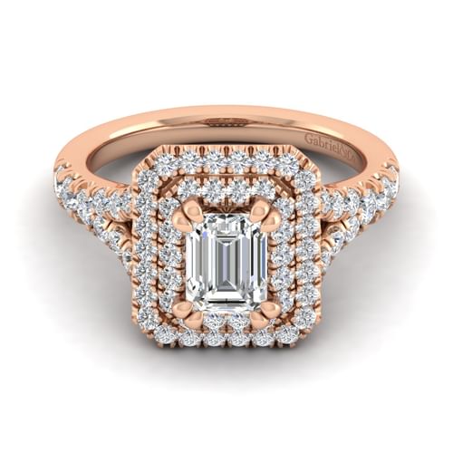 14K Rose Gold Emerald Cut Double Halo Diamond Engagement Ring