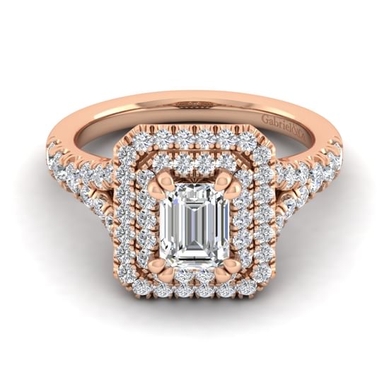 Gabriel - 14K Rose Gold Emerald Cut Double Halo Diamond Engagement Ring