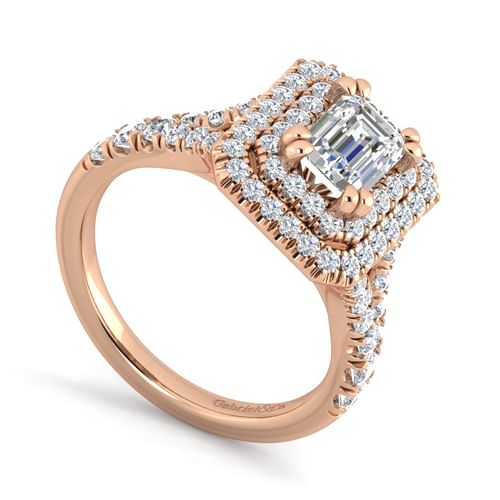 14K Rose Gold Emerald Cut Double Halo Diamond Engagement Ring