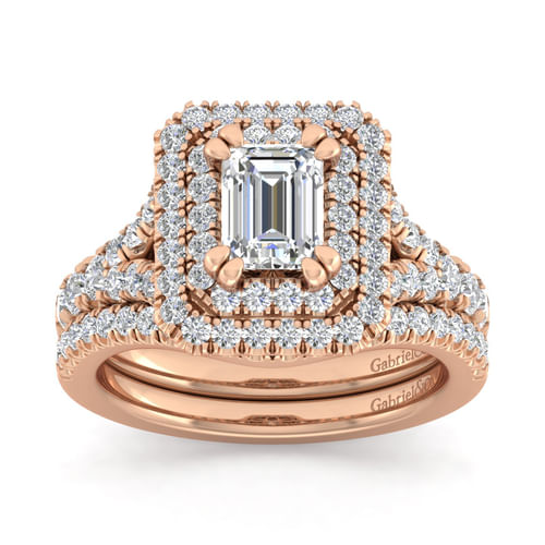 14K Rose Gold Emerald Cut Double Halo Diamond Engagement Ring