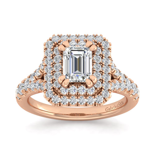 14K Rose Gold Emerald Cut Double Halo Diamond Engagement Ring