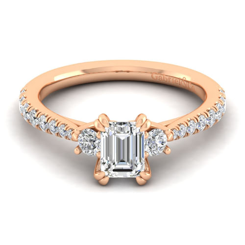 14K Rose Gold Emerald Cut Three Stone Diamond Engagement Ring