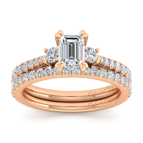 14K Rose Gold Emerald Cut Three Stone Diamond Engagement Ring