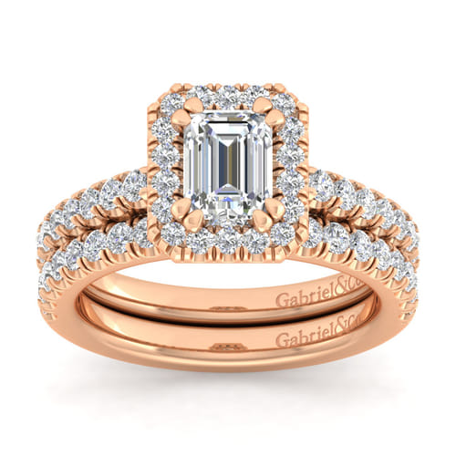 14K Rose Gold Emerald Halo Diamond Engagement Ring