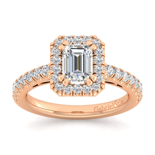 14K Rose Gold Emerald Halo Diamond Engagement Ring
