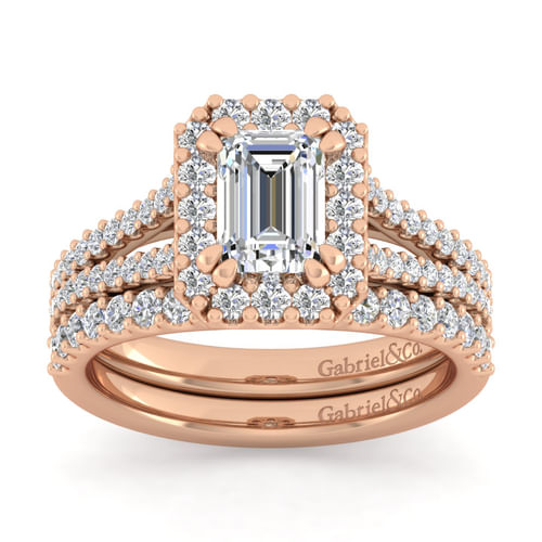 14K Rose Gold Emerald Halo Diamond Engagement Ring