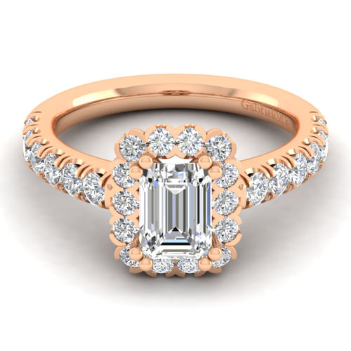 14K Rose Gold Emerald Halo Diamond Engagement Ring