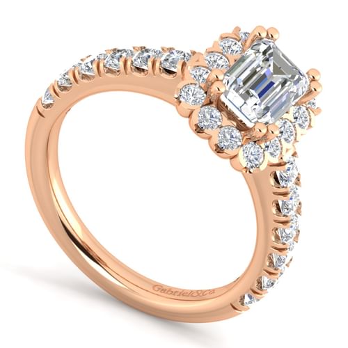 14K Rose Gold Emerald Halo Diamond Engagement Ring