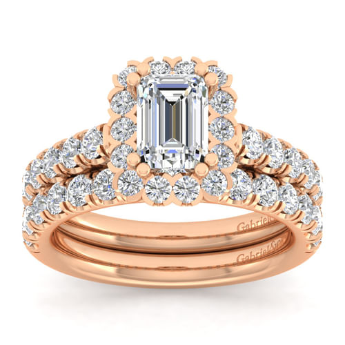 14K Rose Gold Emerald Halo Diamond Engagement Ring
