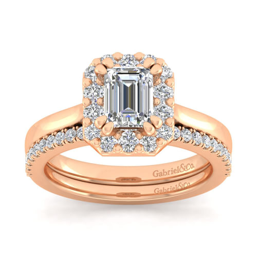 14K Rose Gold Emerald Halo Diamond Engagement Ring