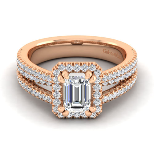 14K Rose Gold Emerald Halo Diamond Engagement Ring