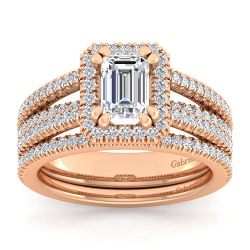 14K Rose Gold Emerald Halo Diamond Engagement Ring