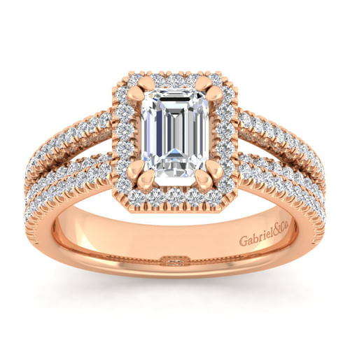 14K Rose Gold Emerald Halo Diamond Engagement Ring