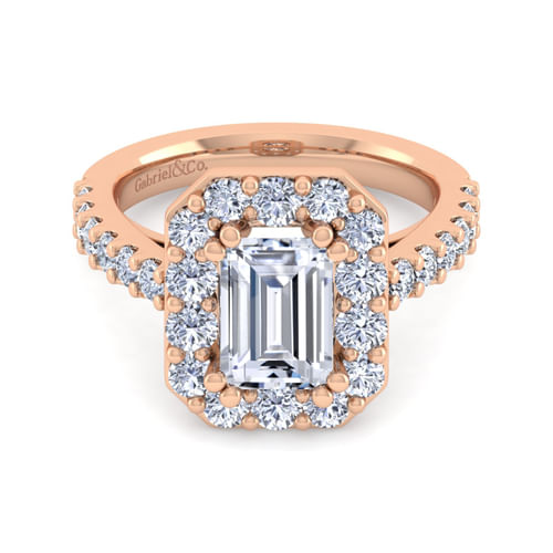 14K Rose Gold Emerald Halo Diamond Engagement Ring