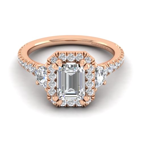 14K Rose Gold Emerald Three Stone Halo Diamond Engagement Ring