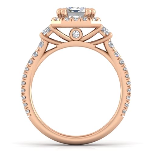 14K Rose Gold Emerald Three Stone Halo Diamond Engagement Ring