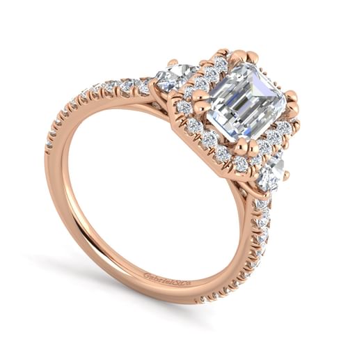 14K Rose Gold Emerald Three Stone Halo Diamond Engagement Ring