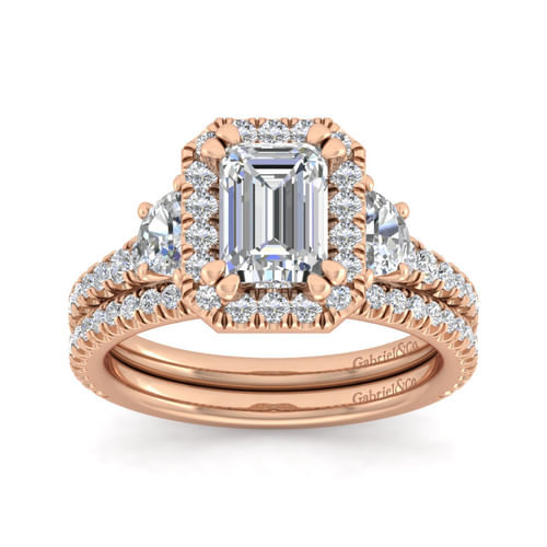 14K Rose Gold Emerald Three Stone Halo Diamond Engagement Ring