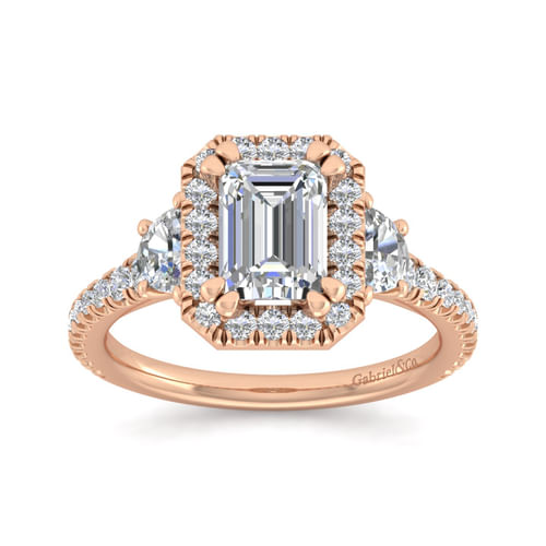14K Rose Gold Emerald Three Stone Halo Diamond Engagement Ring