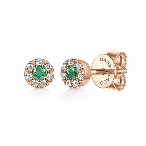 14K Rose Gold Emerald and Diamond Halo Stud Earrings