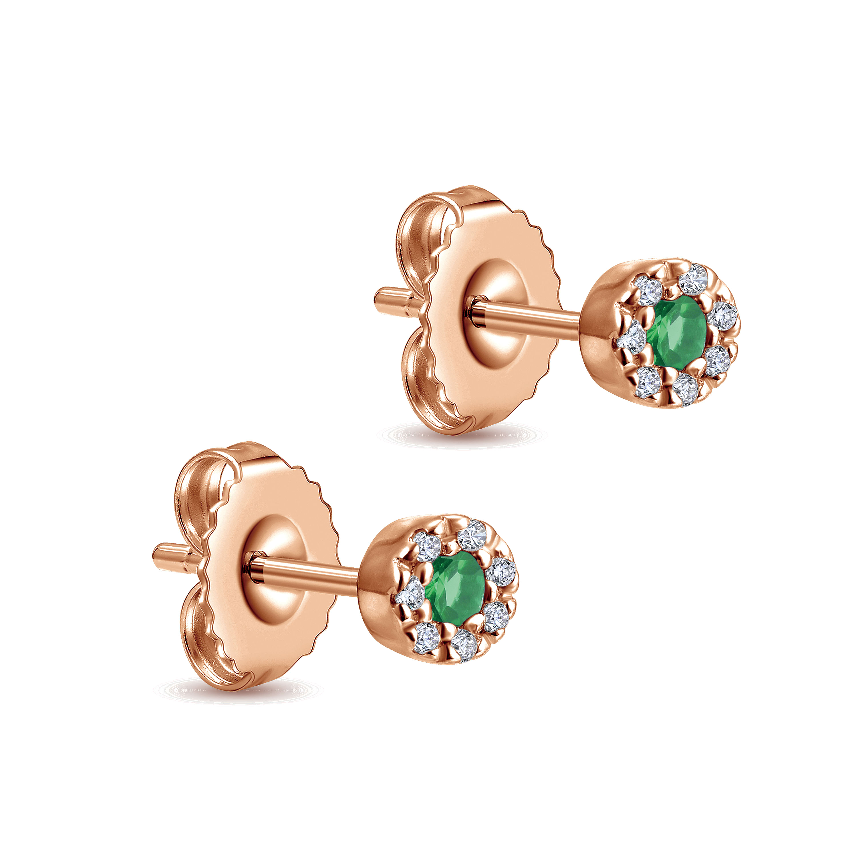 14K Rose Gold Emerald and Diamond Halo Stud Earrings