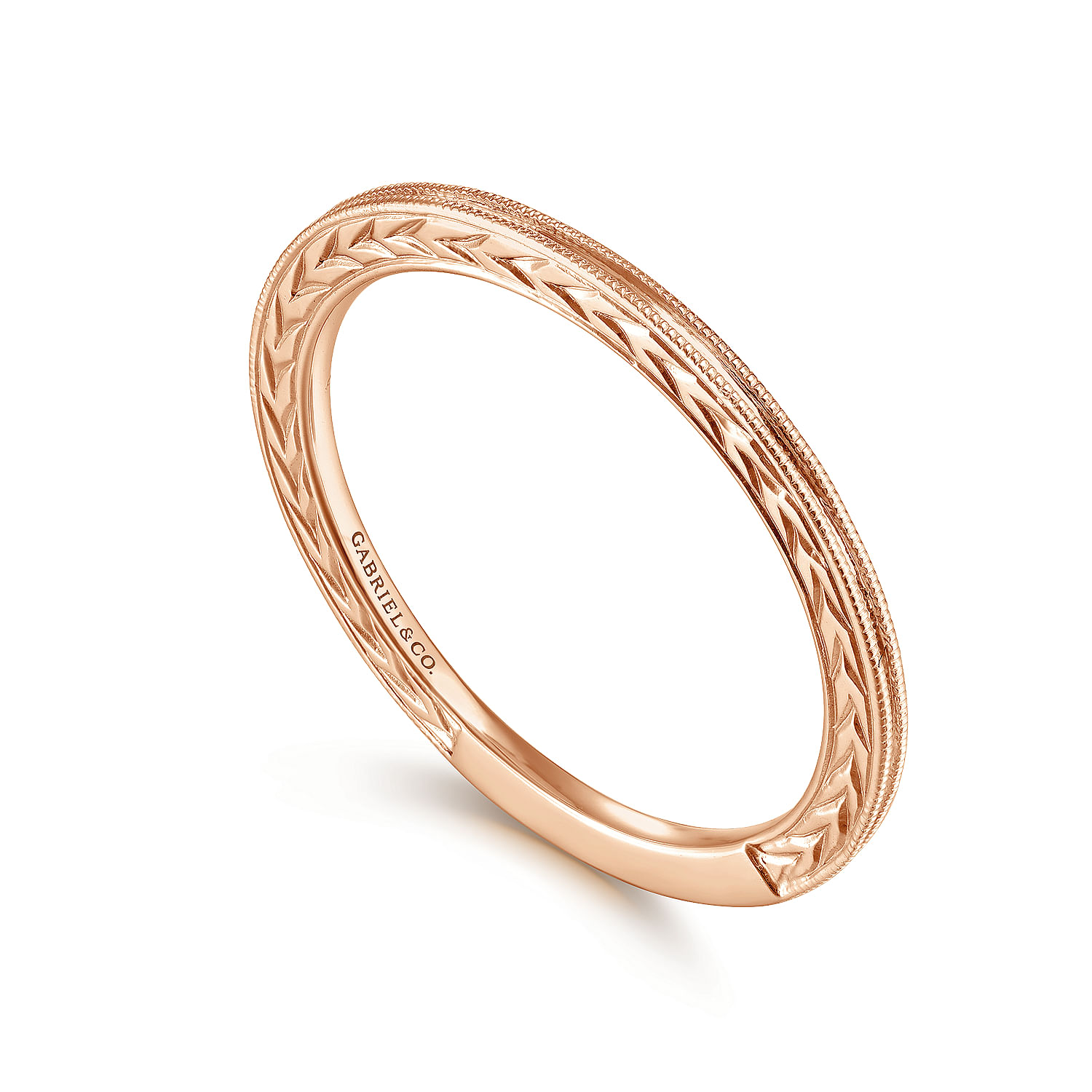 14K Rose Gold Engraved Milgrain Slim Stackable Ring