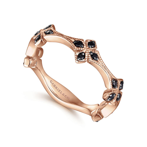 14K Rose Gold Floral Black Diamond Station Stackable Ring