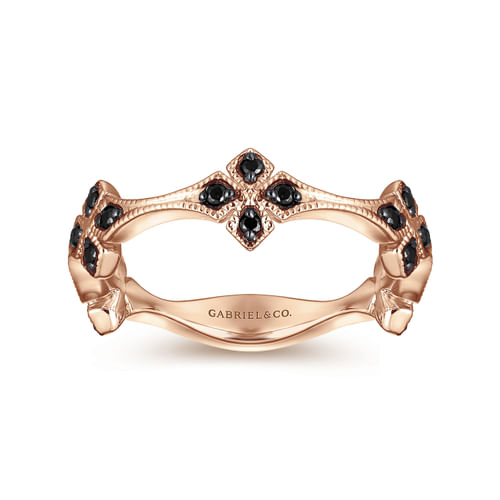 14K Rose Gold Floral Black Diamond Station Stackable Ring