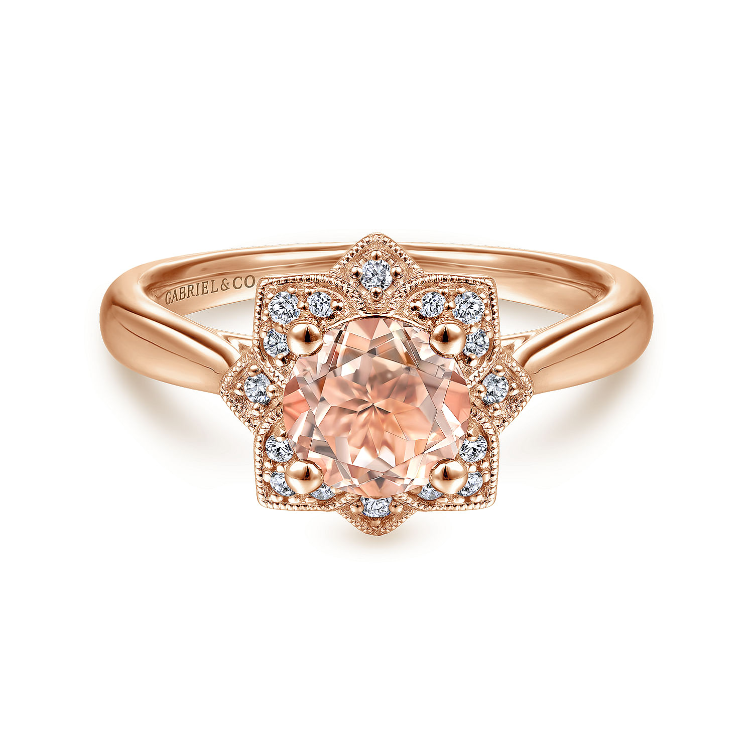 Gabriel - 14K Rose Gold Floral Diamond Halo Round Morganite Ring