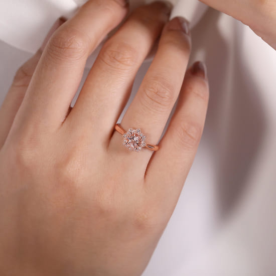 14K Rose Gold Floral Diamond Halo Round Morganite Ring angle 5