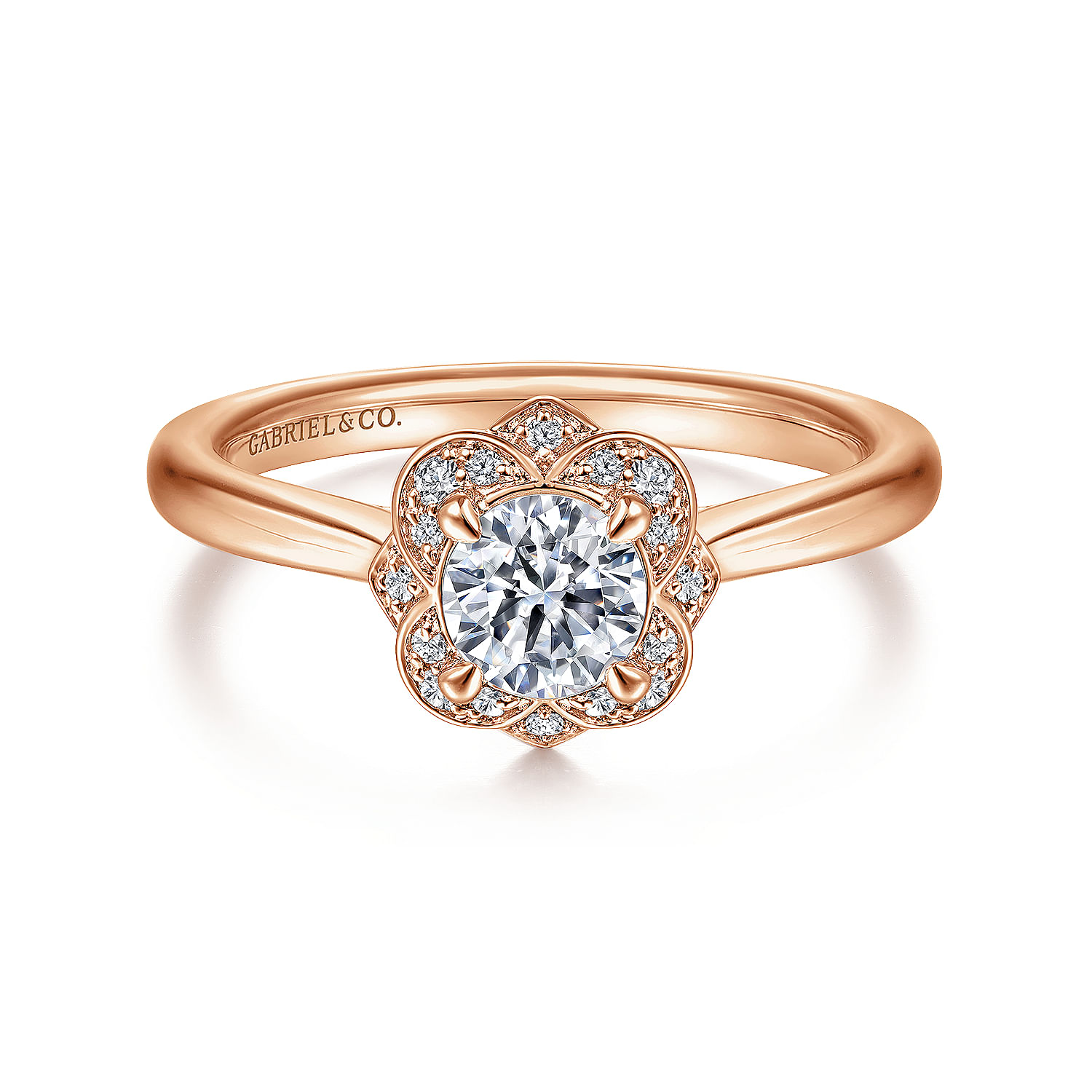 14K Rose Gold Floral Halo Round Diamond Engagement Ring