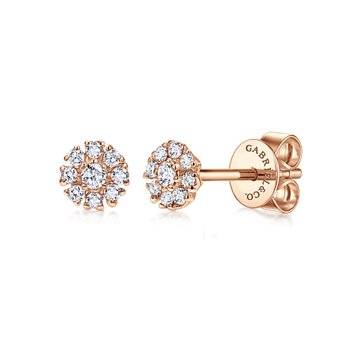 14K Rose Gold Floral Round Diamond Stud Earrings