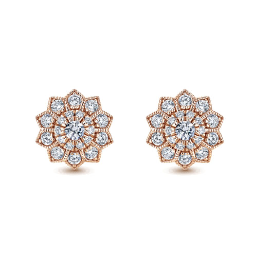14K Rose Gold Flower Diamond Stud Earrings