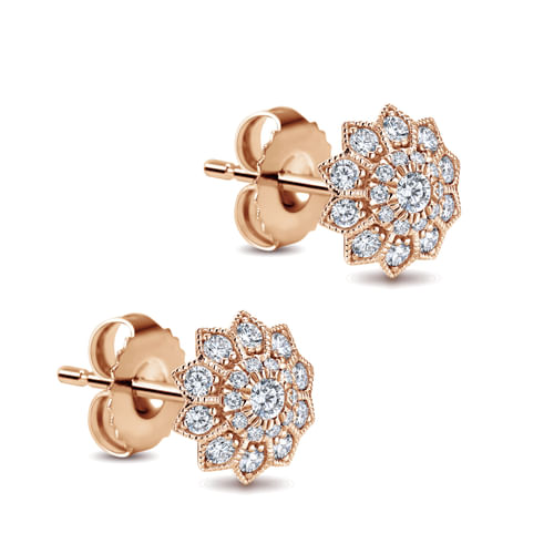 14K Rose Gold Flower Diamond Stud Earrings