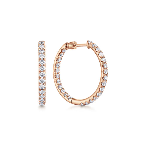 14K Rose Gold French Pavé  20mm Round Inside Out Diamond Hoop Earrings