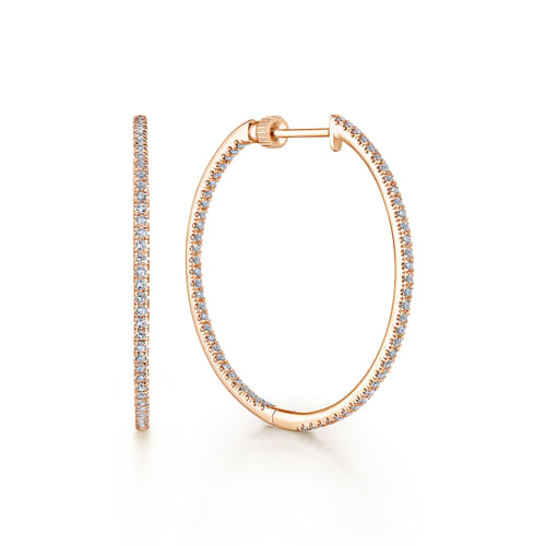 14K Rose Gold French Pavé  30mm Round Inside Out Diamond Hoop Earrings